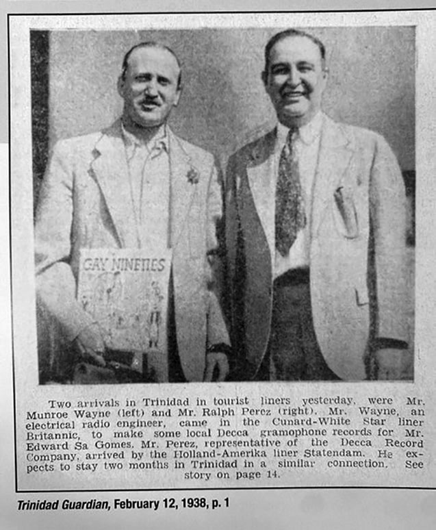 Señores Monroe Wayne y Ralph Pérez. Cortesía de la prensa Trinidad Guardian, 12 de febrero de 1938 - pg 1.